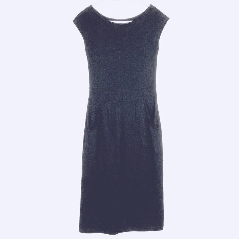 Zara Black Ponte Knit Midi Dress, size medium, front, off-seam pockets